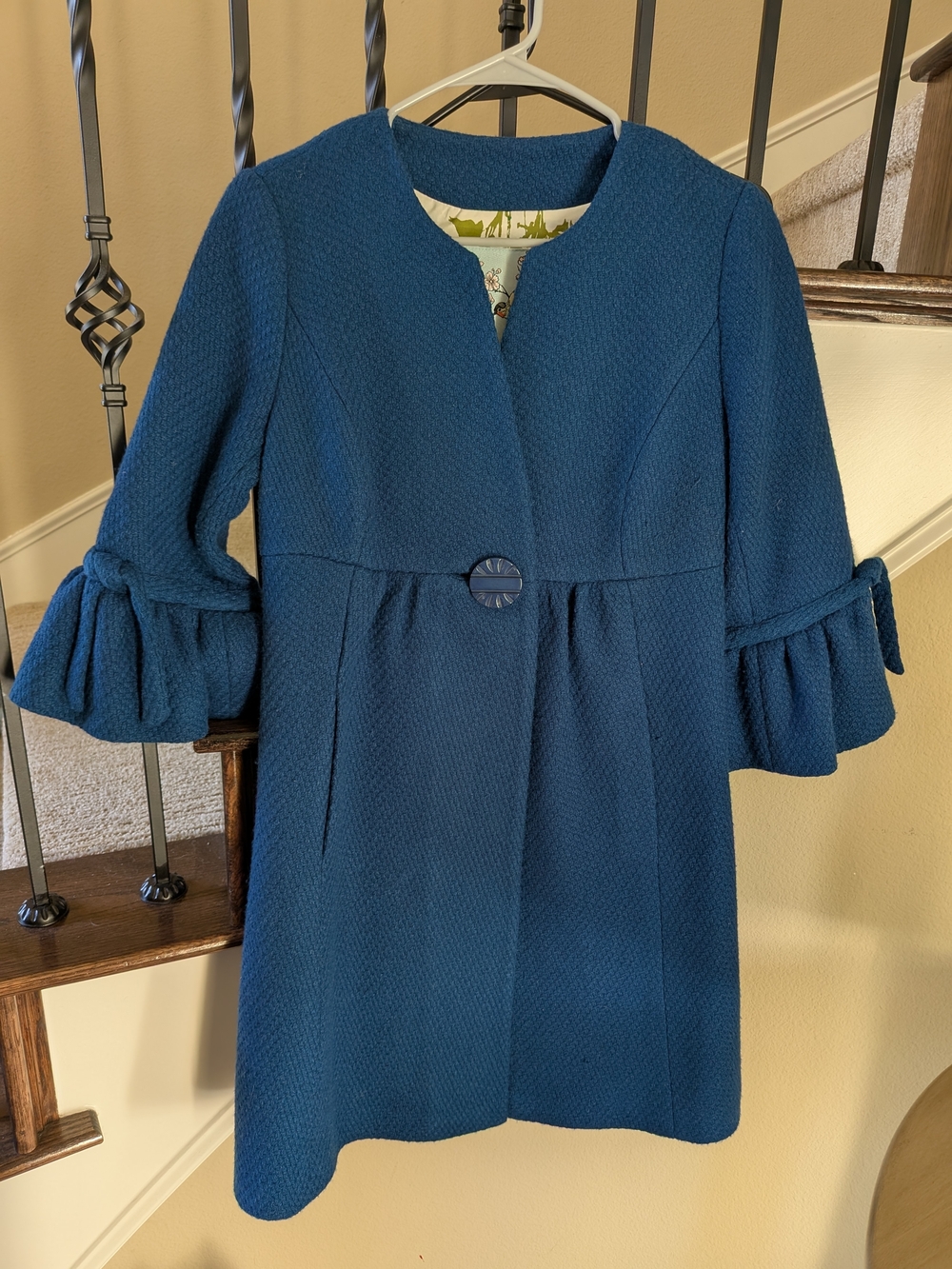 Anthropologie Teal Textured Single-Button Coat with Ruffle Sleeves